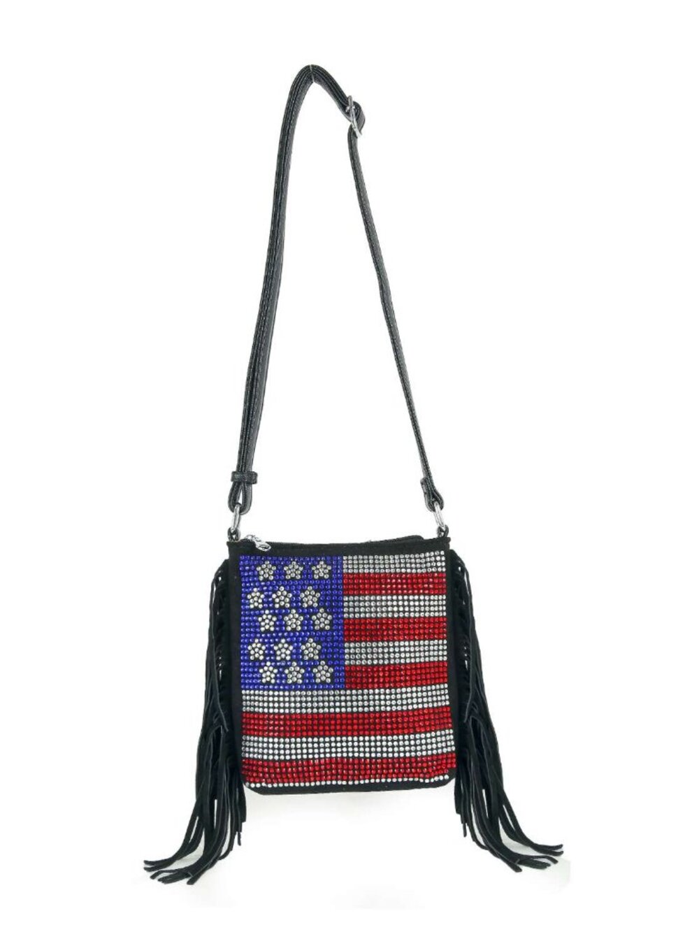 Black Rhinestone American Flag Fringe Western Crossbody Bag